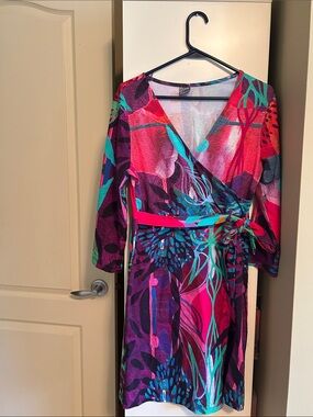 Vibrant Floral Wrap Dress - Pink & Teal